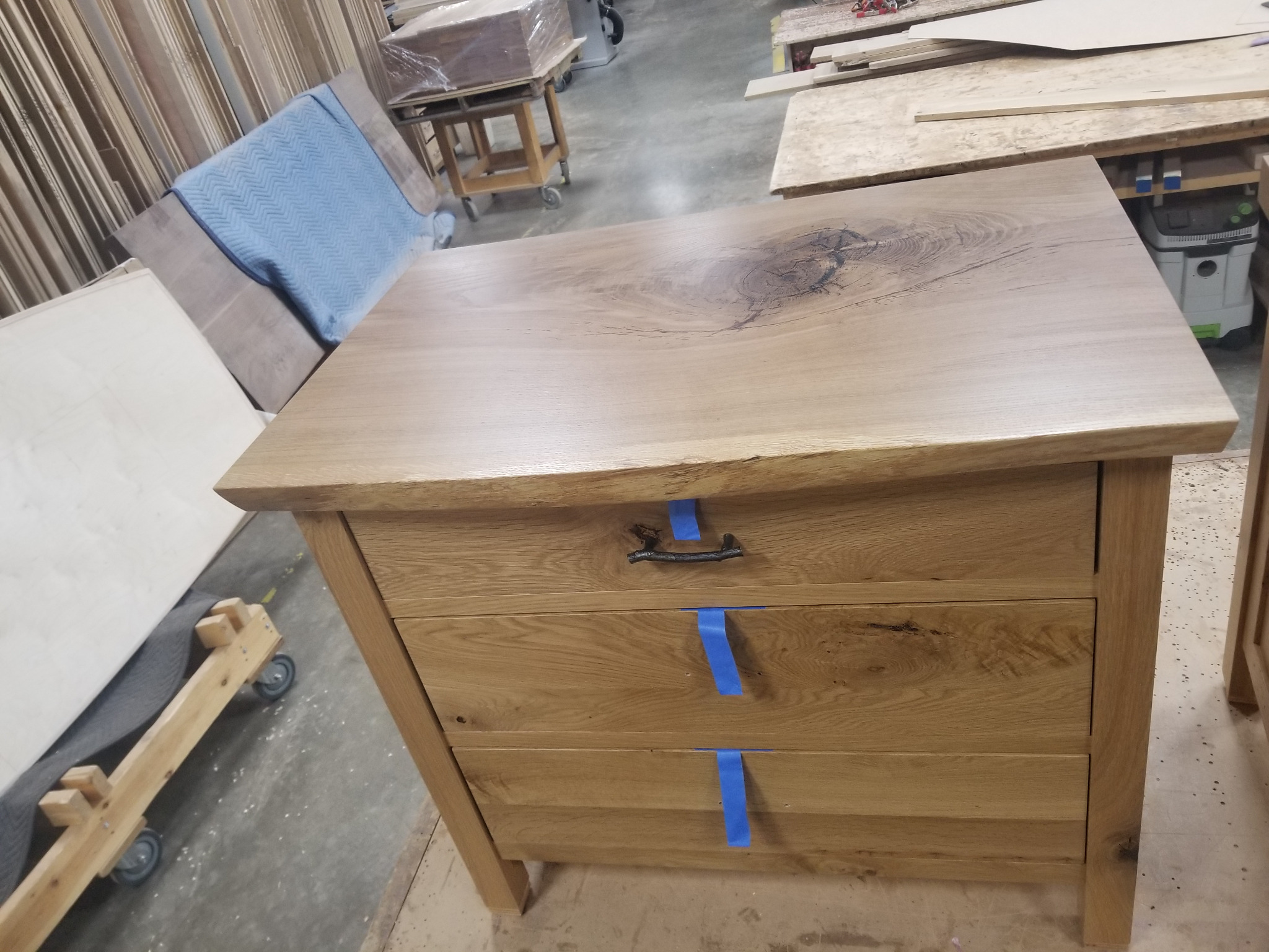 Handcrafted wood chest angled view