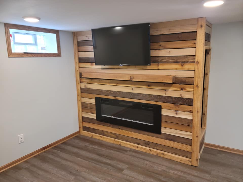 Close view of custom slatted wood entertainment wall