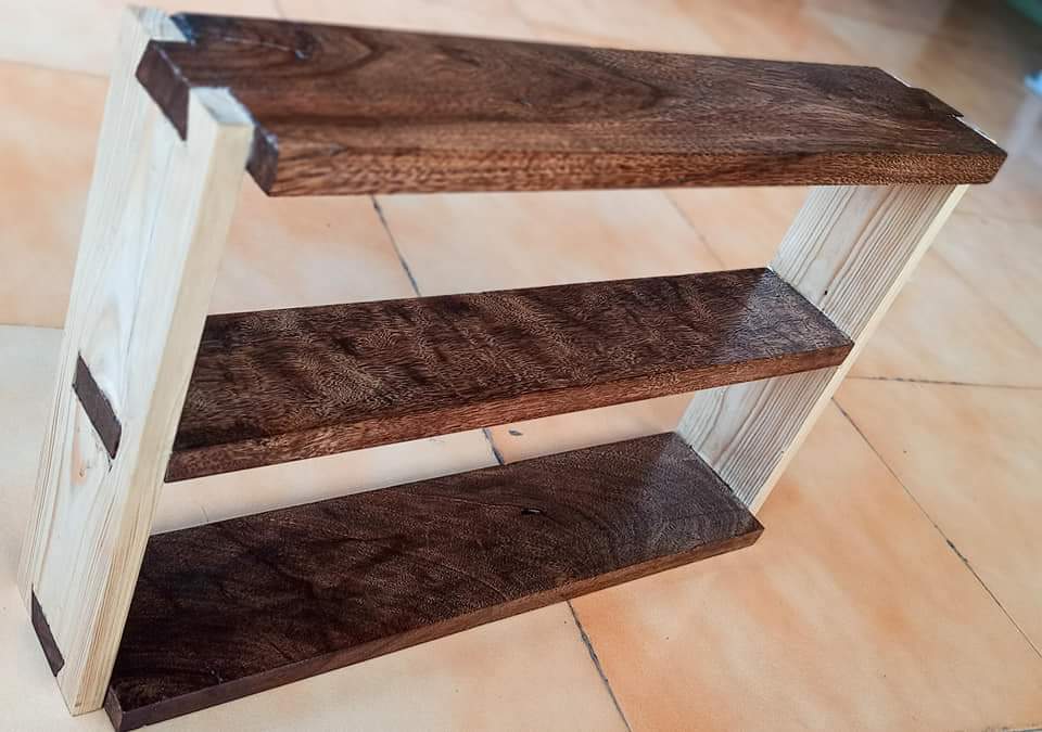 Handcrafted console table with contrasting wood shelves