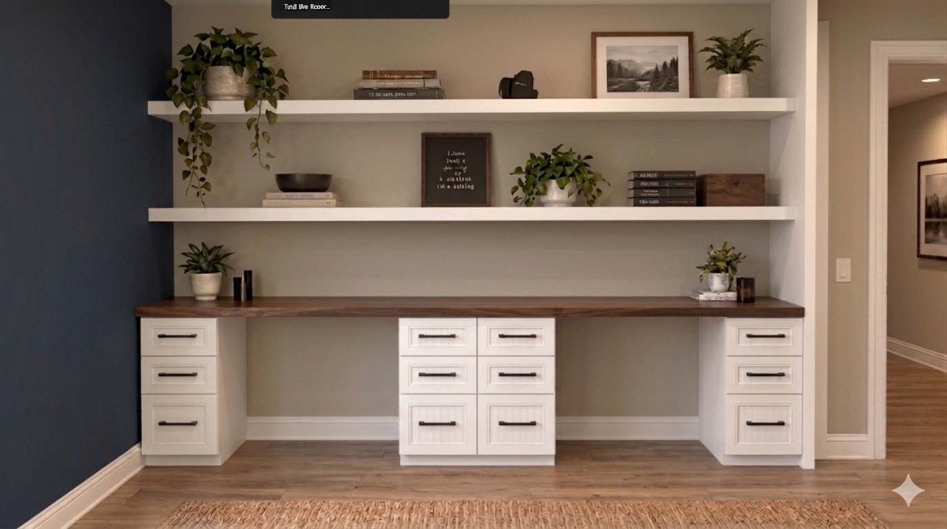 Custom home office desk cabinetry and floating shelves