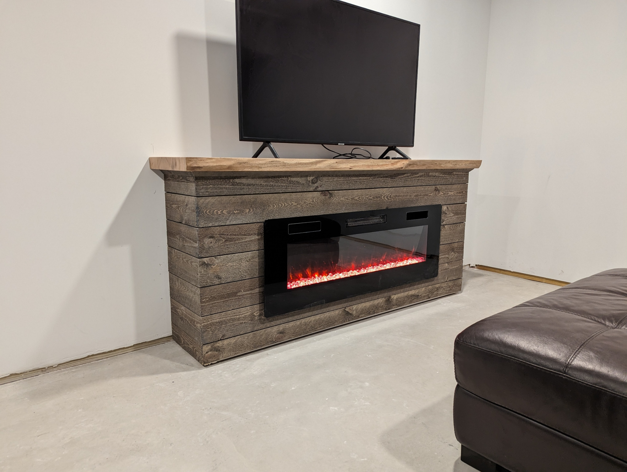 Custom fireplace media console angled view